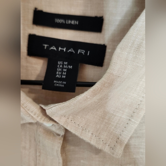 Tahari Women's 100% Linen Tunic Top Size M Khaki Roll Tab Minimalist Scandi Chic - Picture 7 of 9